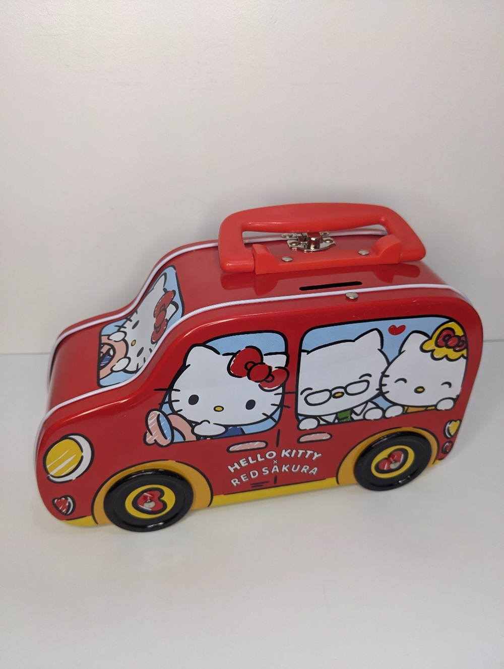 Hello Kitty & Red Sakura Tin Car Piggy Bank Trinket Storage Lunch Box